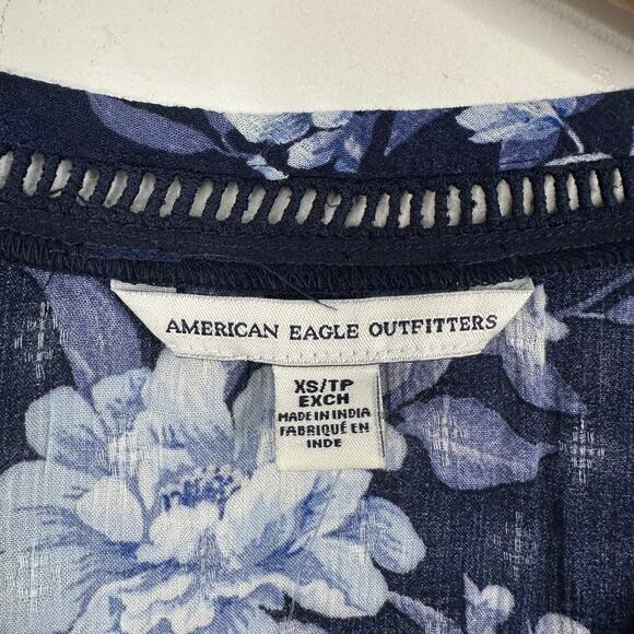 American Eagle Blue Chiffon Floral Ruffle Hem Button Down Blouse - Picture 4 of 8